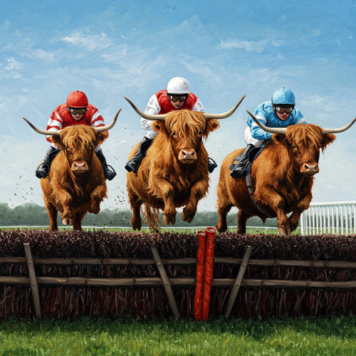 Coo At The Races Three Highland bulls with jockeys leaping over a fence in hairy cow steepelchase cow race .