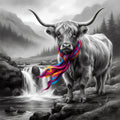 Yak with a colorful scarf standing by a waterfall in a mountainous landscape