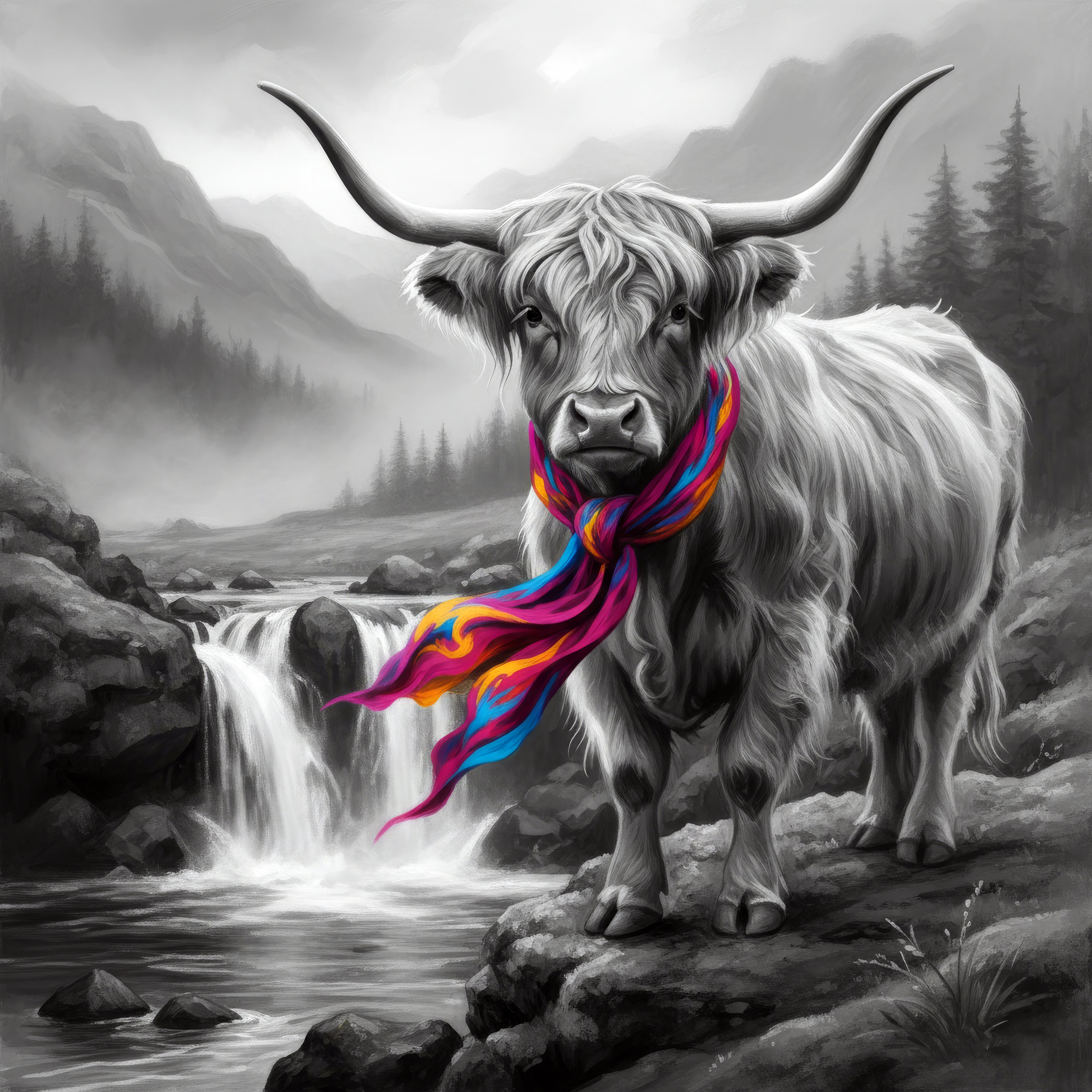 Yak with a colorful scarf standing by a waterfall in a mountainous landscape