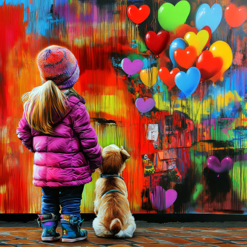 Child in a pink coat and colorful hat standing next to a dog, both looking at a wall with heart-shaped balloons and abstract art.