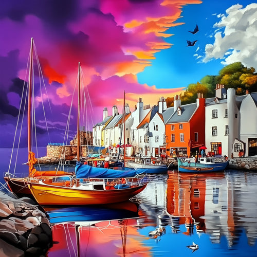 Colorful harbor scene with boats and houses under a vibrant sky.