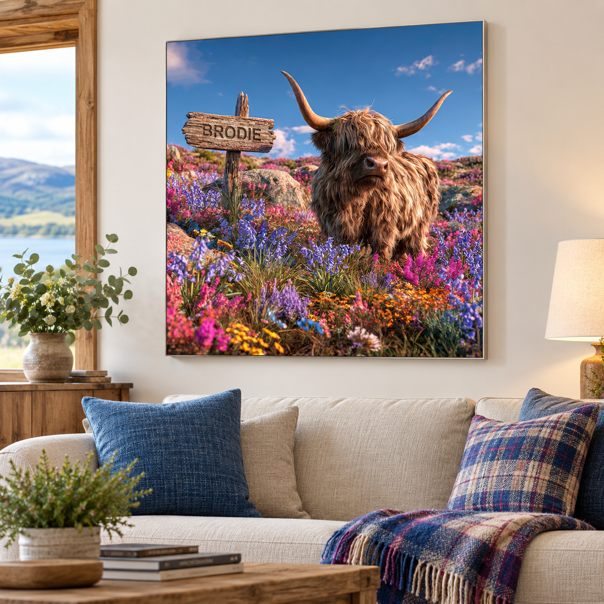 A large framed wall art print hangs above a beige sofa in a styled living room. The artwork shows a shaggy Highland cow standing in a colorful wildflower meadow beside a wooden sign that reads “BRODIE,” under a blue sky.