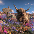 A highland cow stands in a flower-filled field beside a wooden sign reading BRODIE under a blue sky.