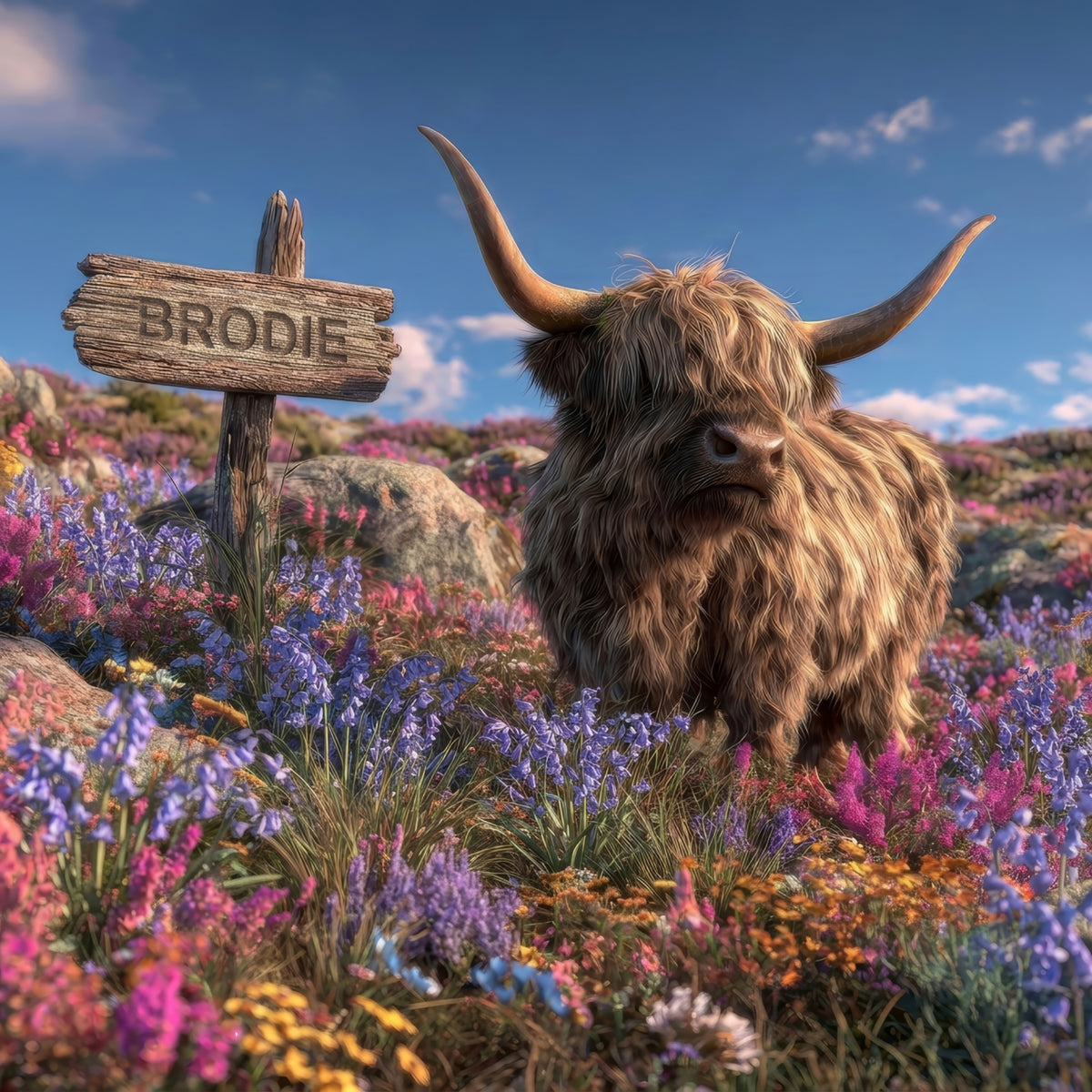 A highland cow stands in a flower-filled field beside a wooden sign reading BRODIE under a blue sky.