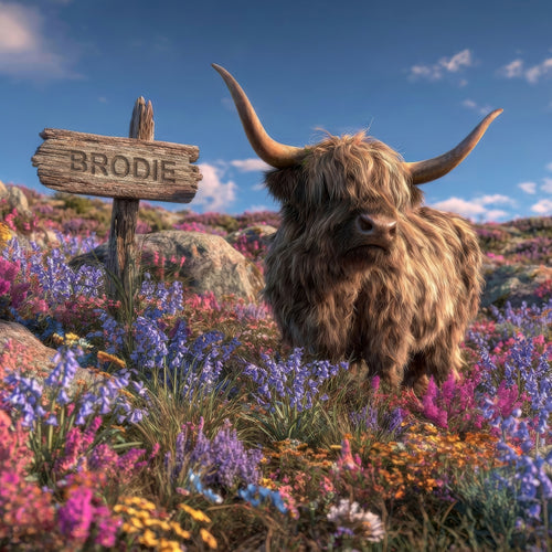 A highland cow stands in a flower-filled field beside a wooden sign reading BRODIE under a blue sky.