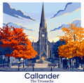 Illustration of a church with autumn trees in Callander, The Trossachs.