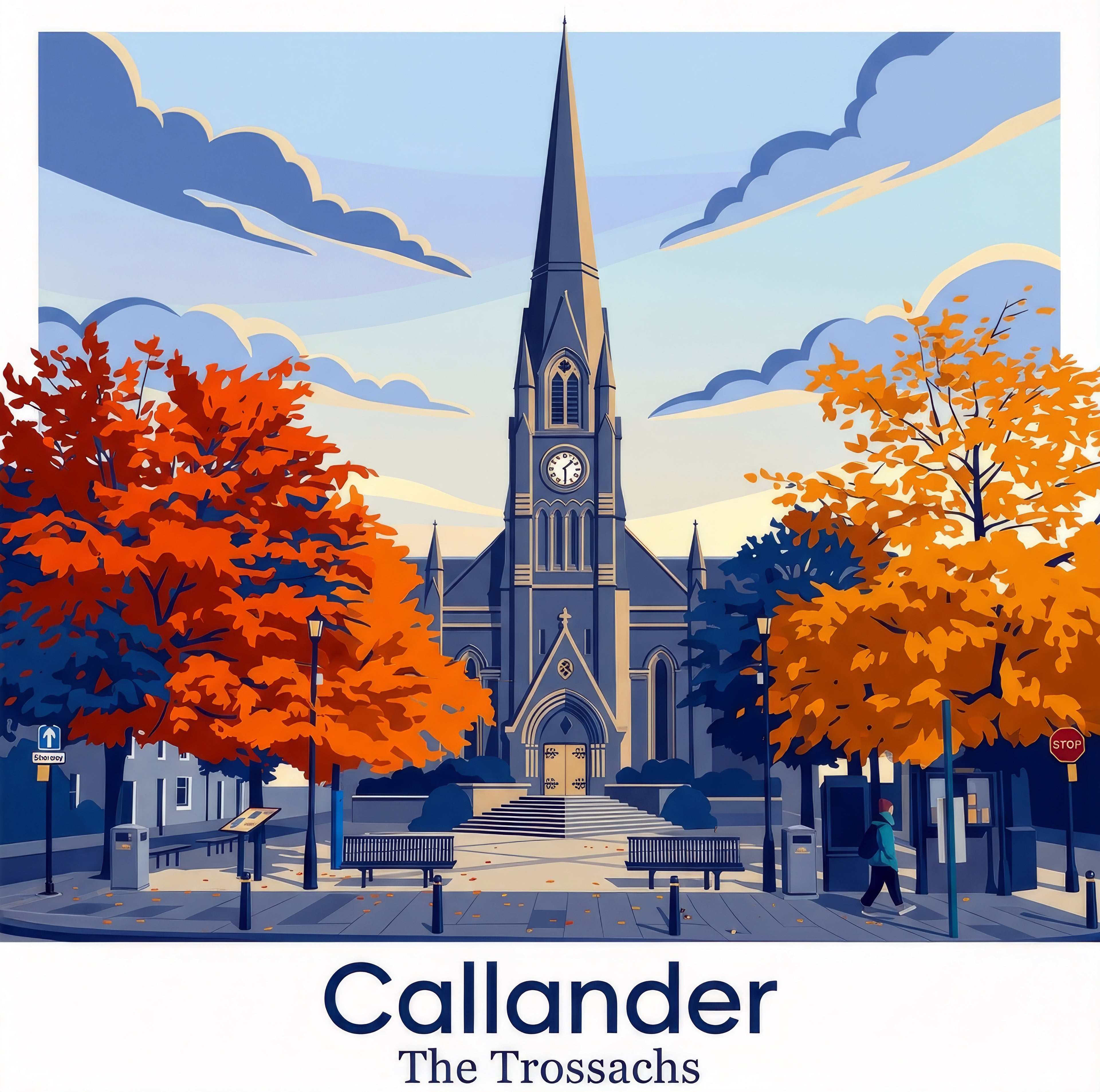 Illustration of a church with autumn trees in Callander, The Trossachs.