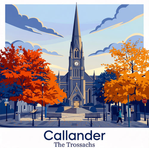 Illustration of a church with autumn trees in Callander, The Trossachs.