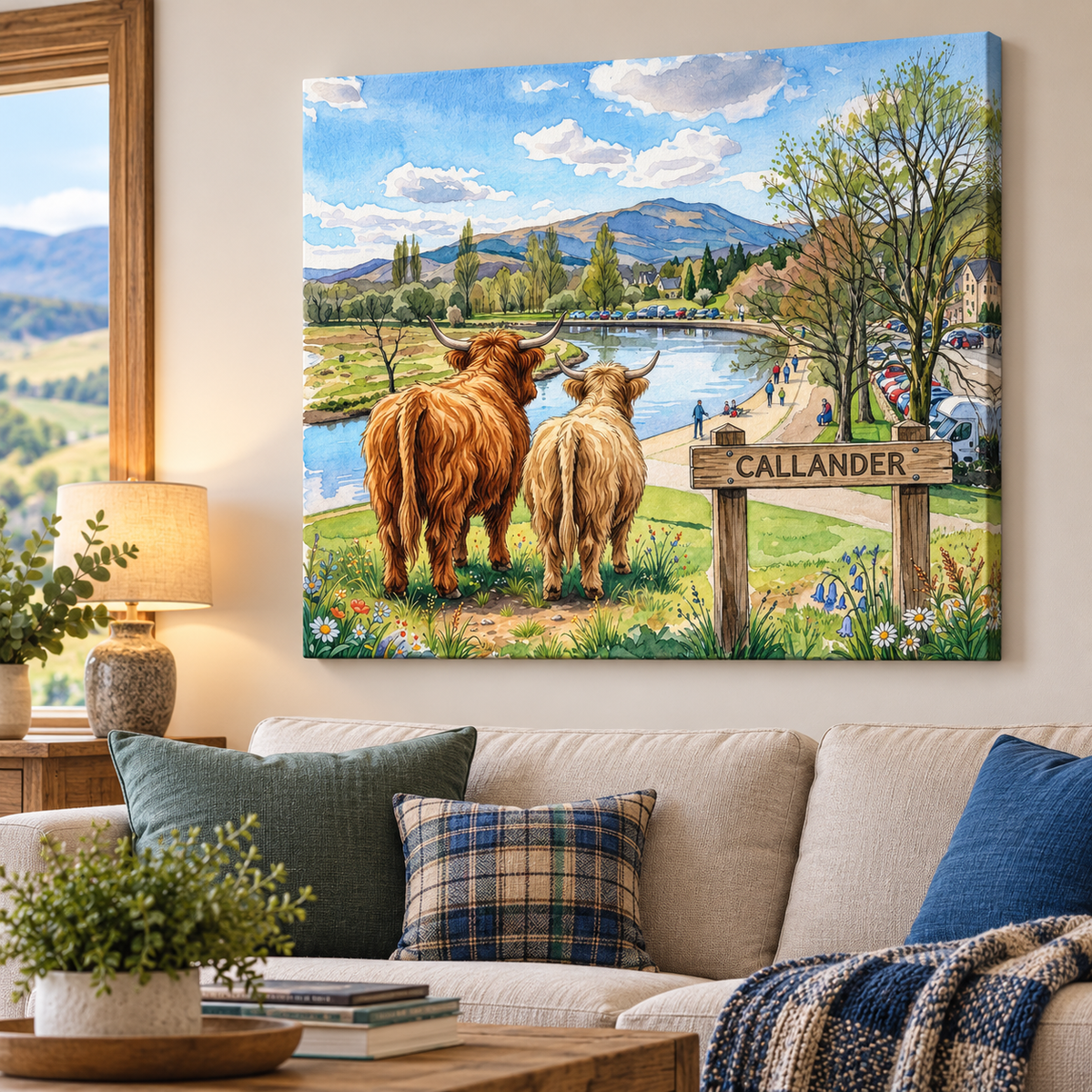 A large canvas wall art print hanging above a beige sofa in a styled living room. The artwork depicts two Highland cows standing by a river with mountains, trees, and a sign reading CALLANDER.