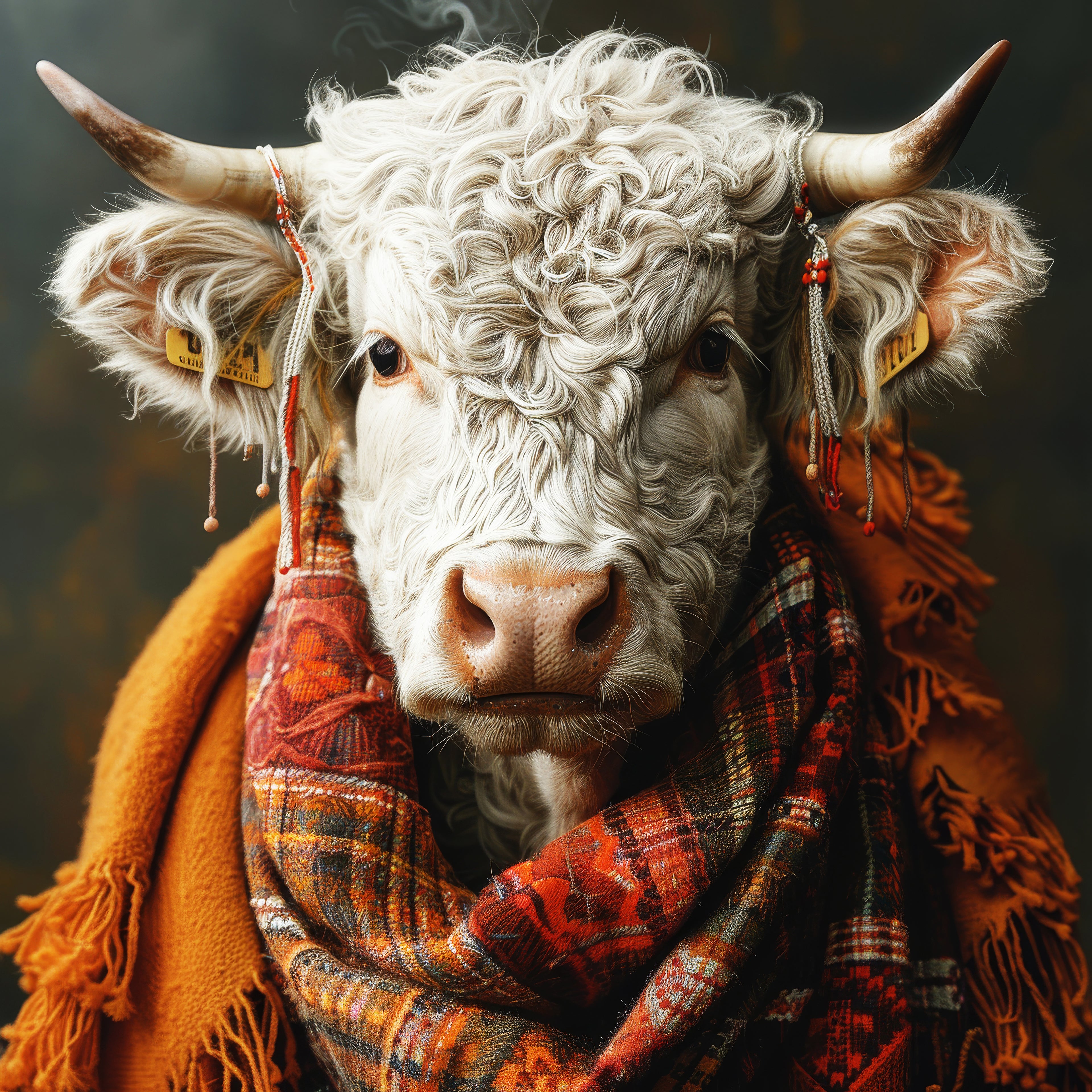 Cow wearing a plaid scarf with a dark background