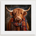 A framed portrait print of a shaggy Highland cow with long horns and a red, blue, and gray plaid scarf, presented with a wide white mat board.