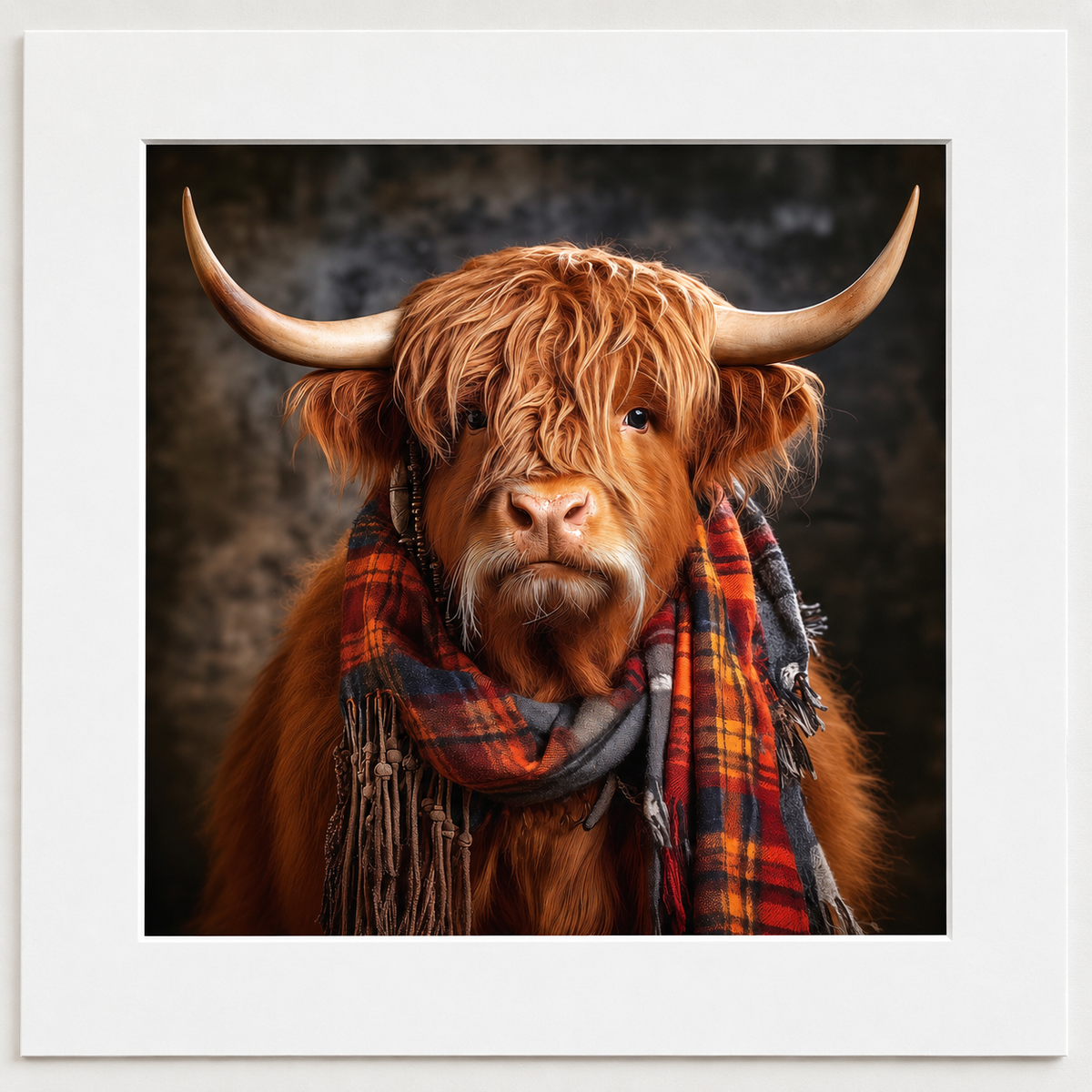 A framed portrait print of a shaggy Highland cow with long horns and a red, blue, and gray plaid scarf, presented with a wide white mat board.