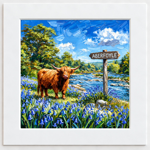 Aberfoyle Highland Cow among bluebells in the Trossachs Scotland