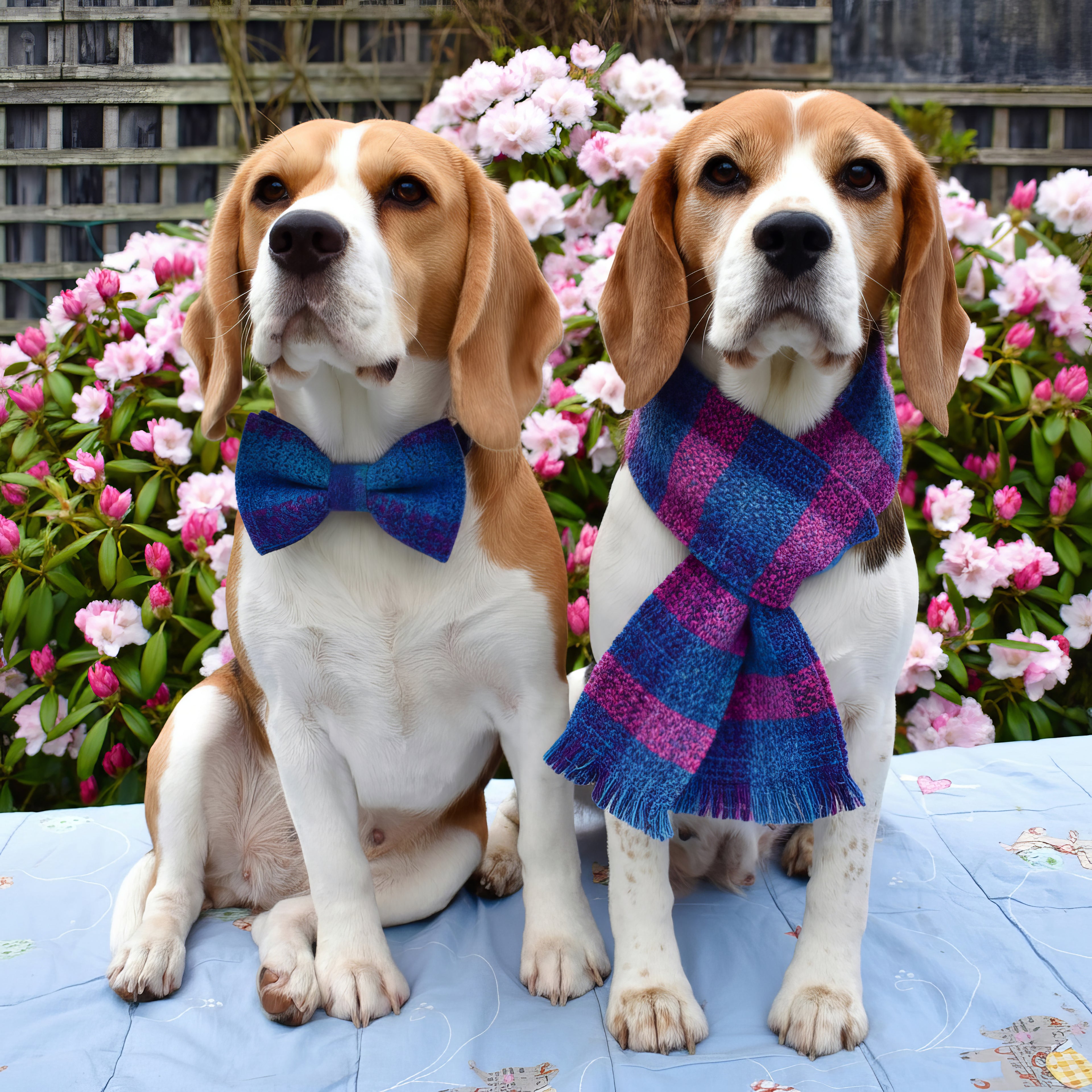 Two adorable dogs with there scarf and bow tie on