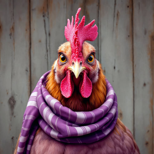 Rooster wearing a purple striped scarf against a wooden background