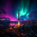 Sword in stone with Northern Lights in the background