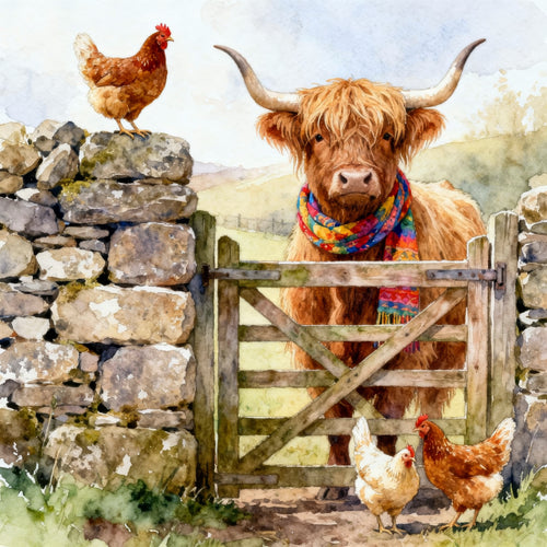 Cattle and chickens by a stone wall and gate with a colorful scarf