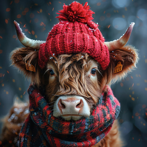 Alison the highland Cow wearing a red knitted hat and scarf with snow falling