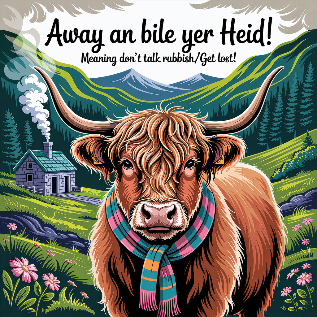 Highland cow with a colorful scarf in a scenic landscape with mountains and flowers, featuring Scottish phrase text.