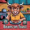 Cartoon cow eating beans on toast in a kitchen with Heinz Beans packaging.