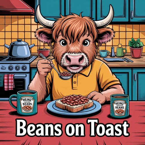 Cartoon cow eating beans on toast in a kitchen with Heinz Beans packaging.
