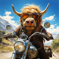 Highland cow with large horns riding a motorcycle in a mountainous landscape