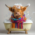 Bubble Bath the Highland cow in a bathtub with bubbles and a colourful scarf on a light gray background