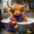 Bubbles McMoo the highland Cow in a bathtub with colourful scarf, bubbles, and rubber ducks in a bathroom setting.