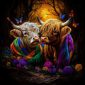 Two highland cows Butterfly & Flower with colourful scarves in a forest setting