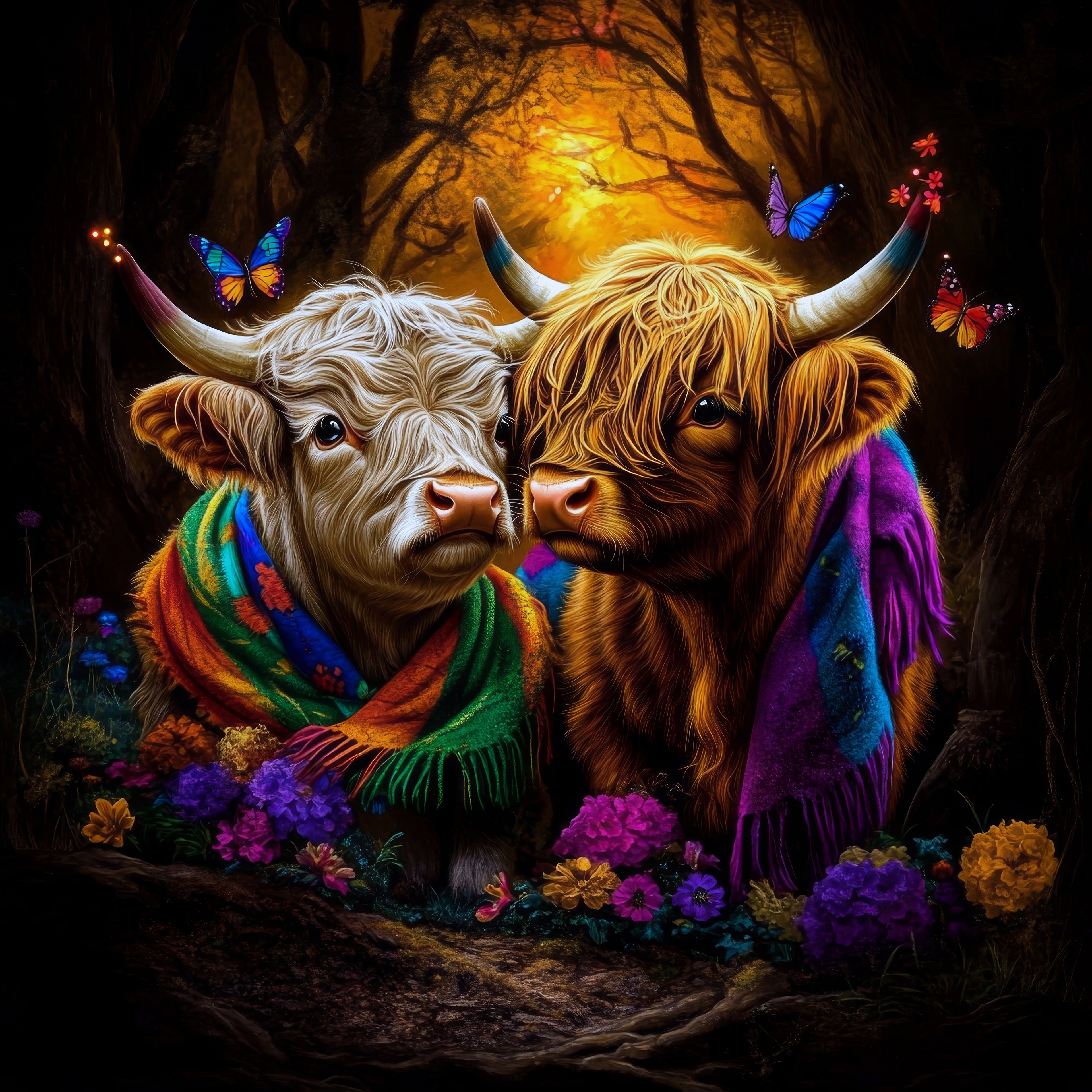 Butterfly & Flower The Highland Cows – Whimsical Framed Canvas Wall Art