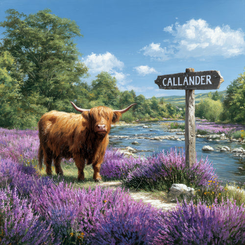 Callander the Highland cow standing in a field of lavender with a 'Callander' signpost in the background.