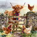 Chicken Gate  highland cow and chickens with colourful scarves standing near a wooden gate.