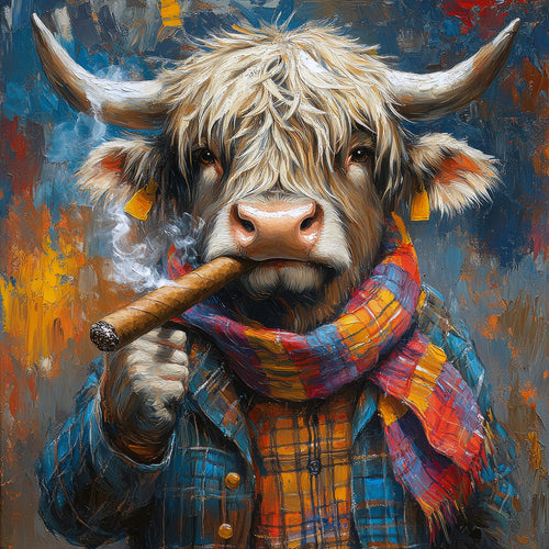 Cigaro the Painting of a cow wearing a colourful scarf and holding a cigar against a textured background.