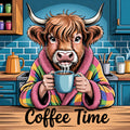Cow in a colorful robe holding a steaming mug of coffee in a kitchen setting with 'Coffee Time' text.