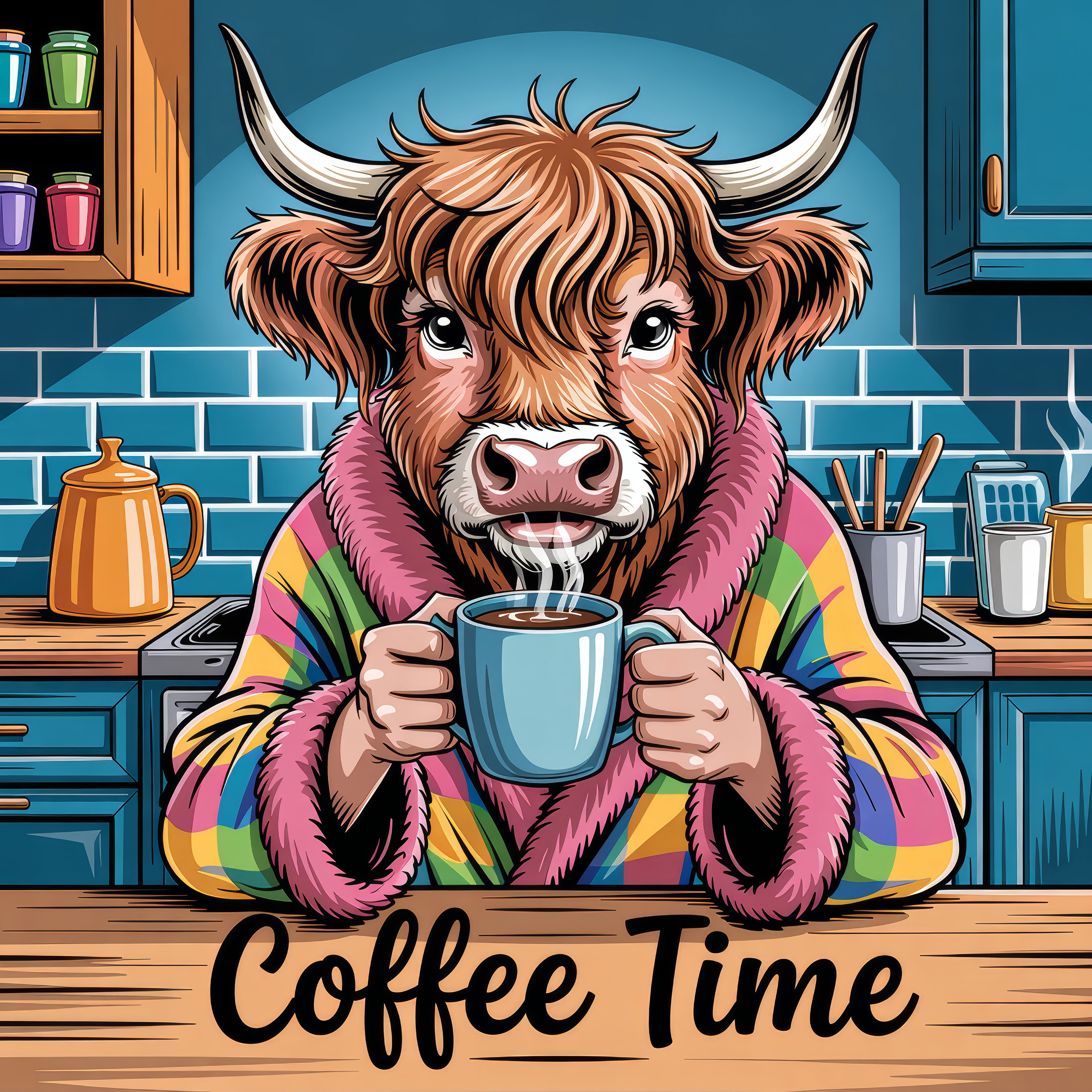 Cow in a colorful robe holding a steaming mug of coffee in a kitchen setting with 'Coffee Time' text.