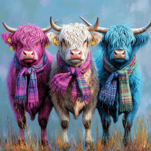 Cow colourful trio Three colourful bulls wearing scarves standing in a field with a blue sky.