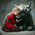 Coo Love canvas wall art  of a young girl in a red dress embracing a large black & white highland cow against a textured grey background.