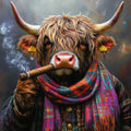 Cuba the Highland cow wearing a colourful scarf and smoking a cuban cigar against a dark background