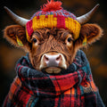 Cow wearing a colorful knitted hat and plaid scarf against a blurred background