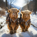 Two highland cows in winter attire standing in a snowy landscape.