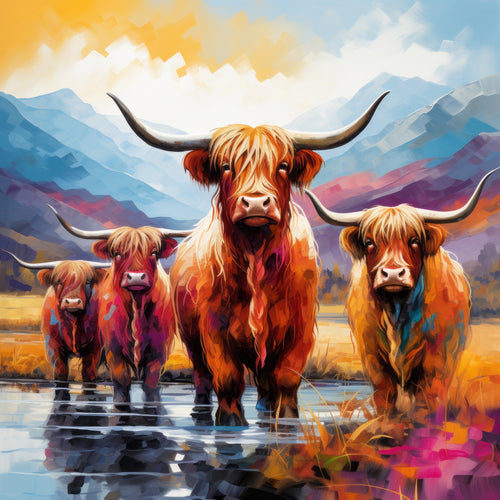 Colorful painting of three Highland cows standing in water with a mountainous landscape in the background.