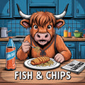 Cartoon cow eating fish and chips in a kitchen with an Irn Bru bottle.