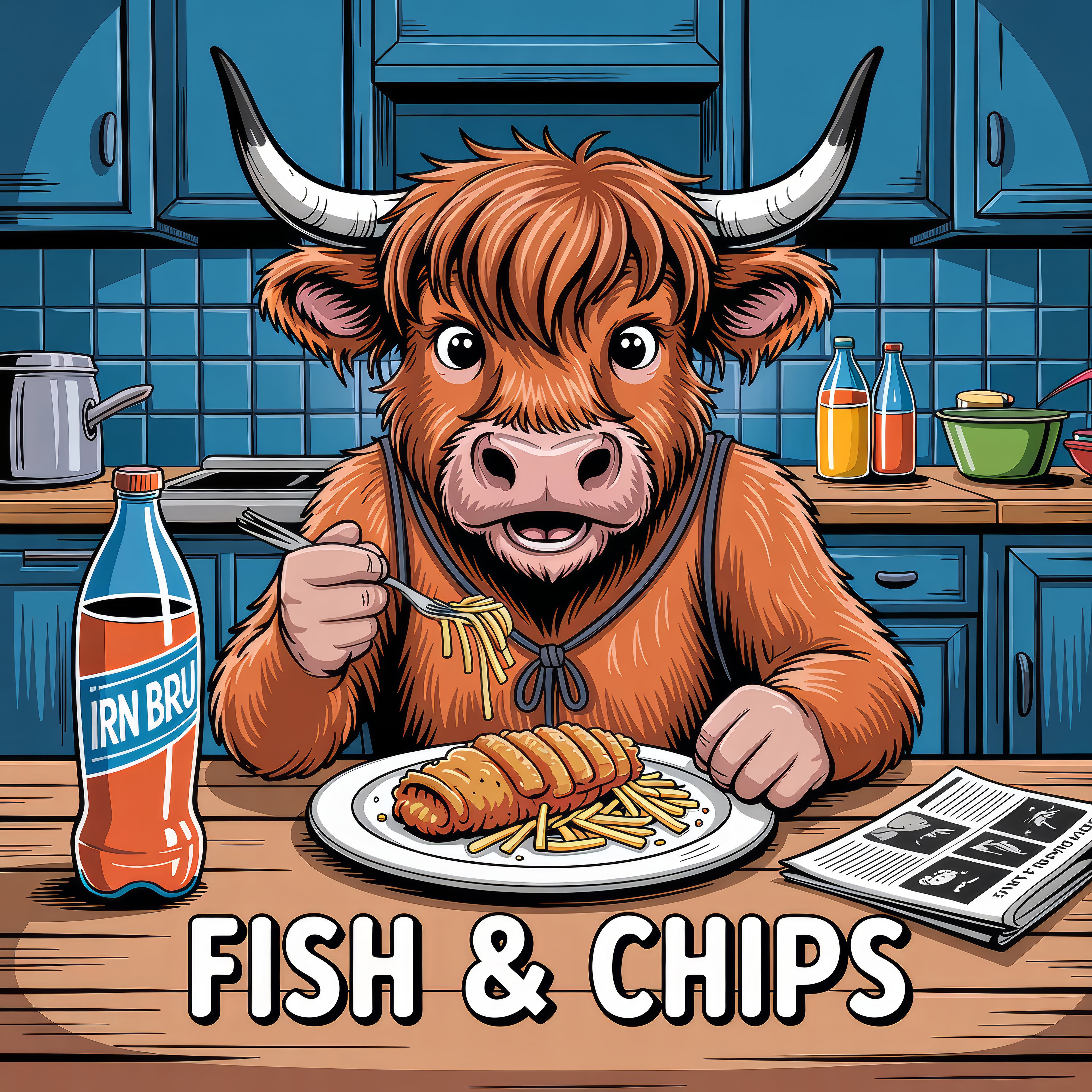 Cartoon cow eating fish and chips in a kitchen with an Irn Bru bottle.