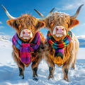 Two highland cows wearing colorful scarves standing in the snow with a blue sky background.