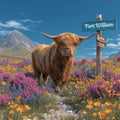 Fort William the Highland cow in a field of flowers with a signpost in Fort William