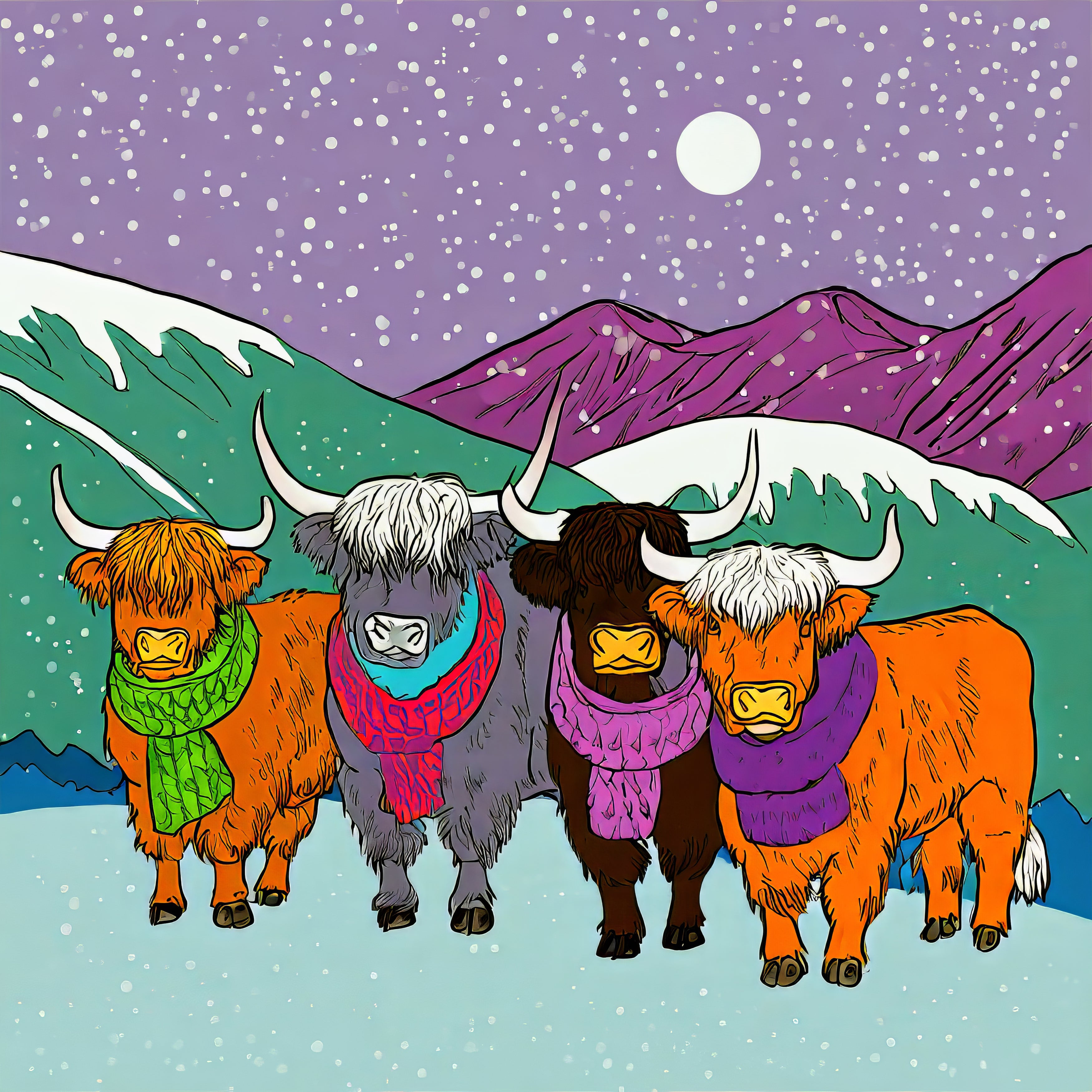 Four Coo's The Highland Cow's – Whimsical Framed Canvas Wall Art