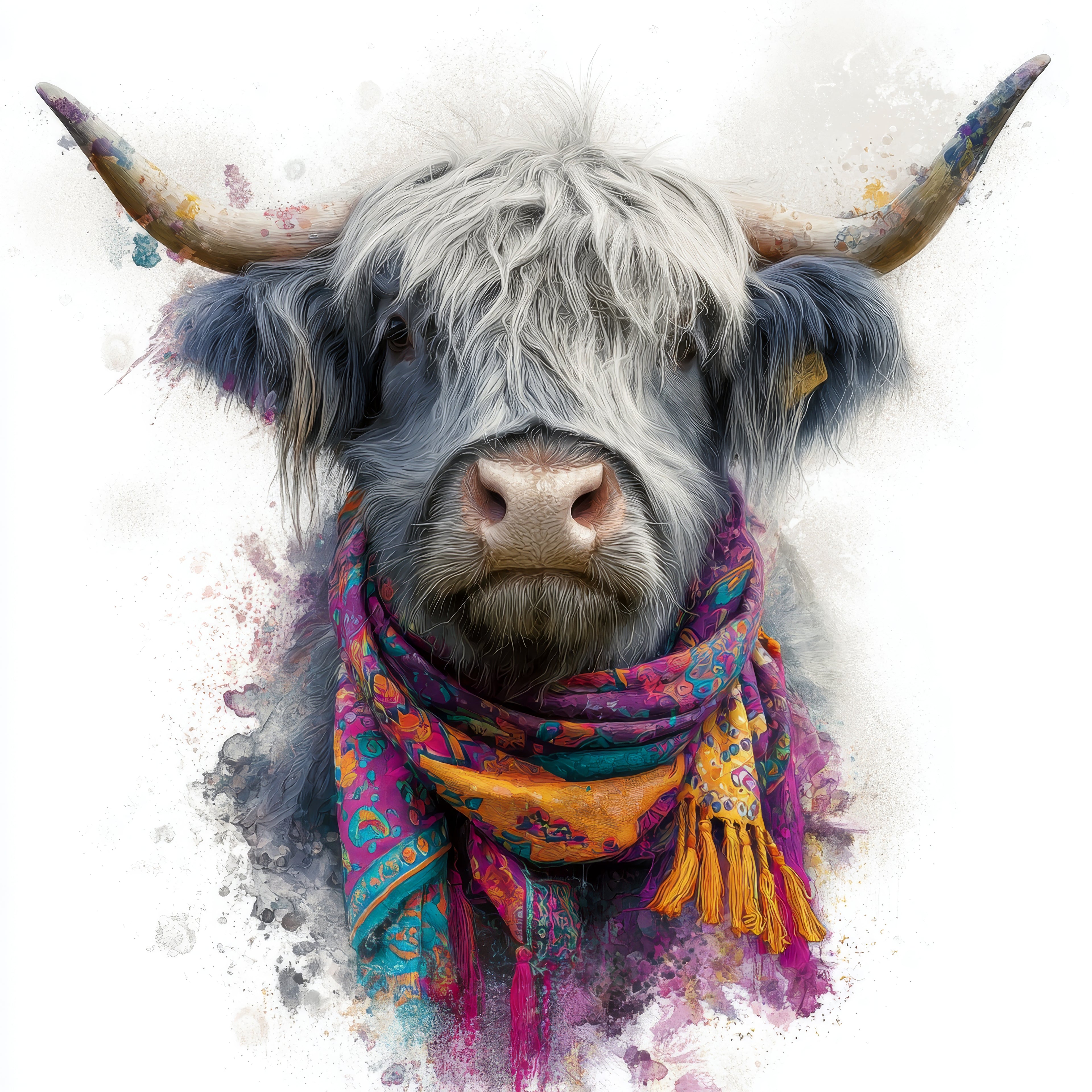 Grey the highland cow Cow wearing a colourful scarf with a white background