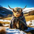 Highland cow wrapped in a plaid blanket in a snowy landscape with mountains in the background