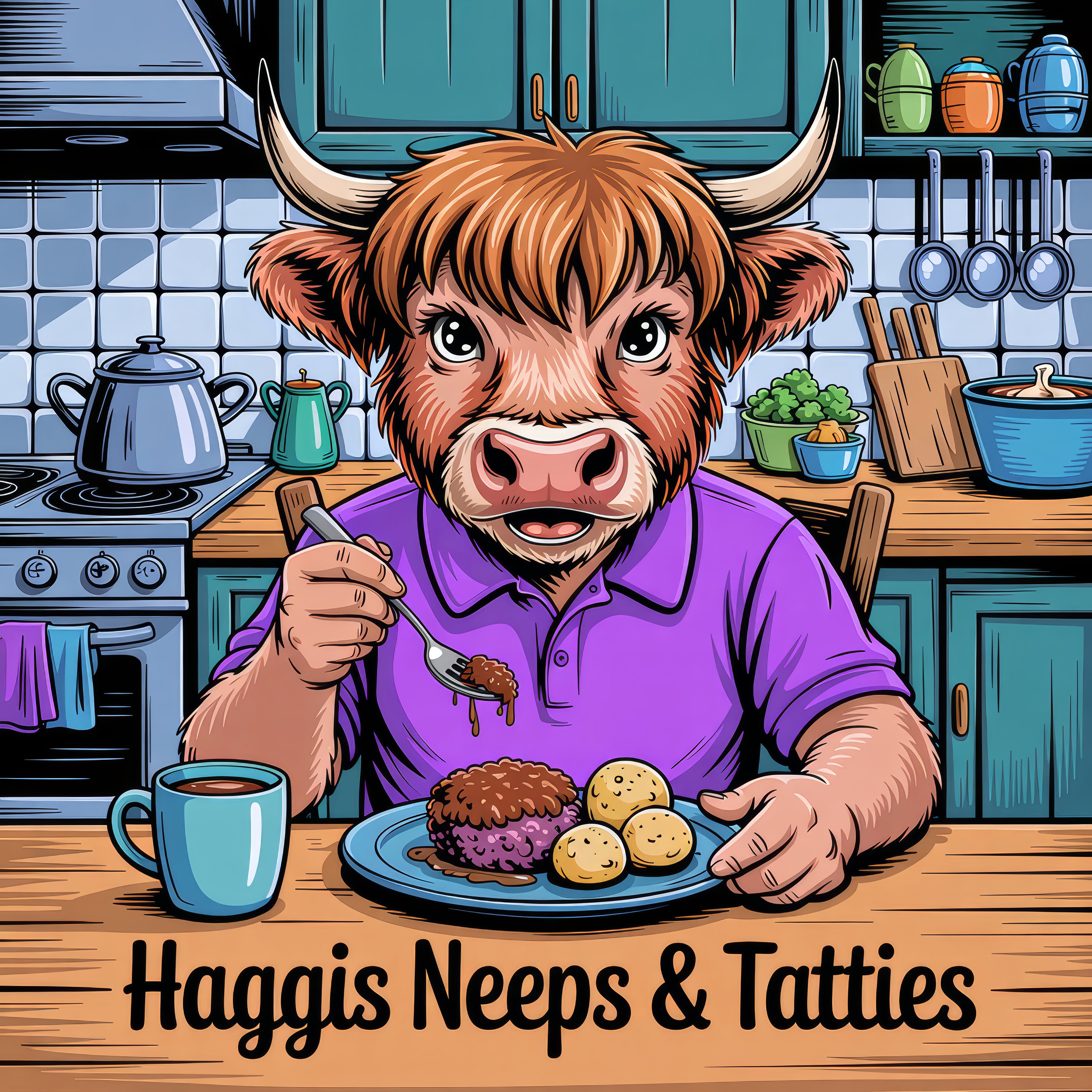 Cow in a kitchen setting with food and text 'Haggis Neeps & Tatties'