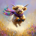 Highland cow with vibrant scarf running in a sun covered flower meadow